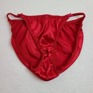 VTG Delicates Silky Satin Bow String Bikini Panty Size XL Red Hot